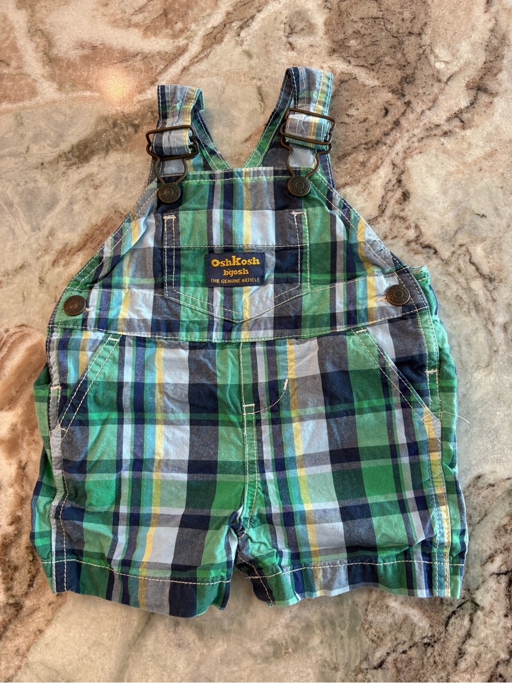 OshKosh Boys Preppy Plaid Overall Shorts Vestbak Cotton Blue Green 3 Months